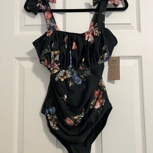 Albion Fit brand new with tags M Ruched Bow Rose Black One Piece